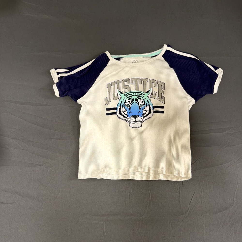 Girls Large  JUSTICE Raglan Colorblock Sequin Baby Tee Shirt White & Blue